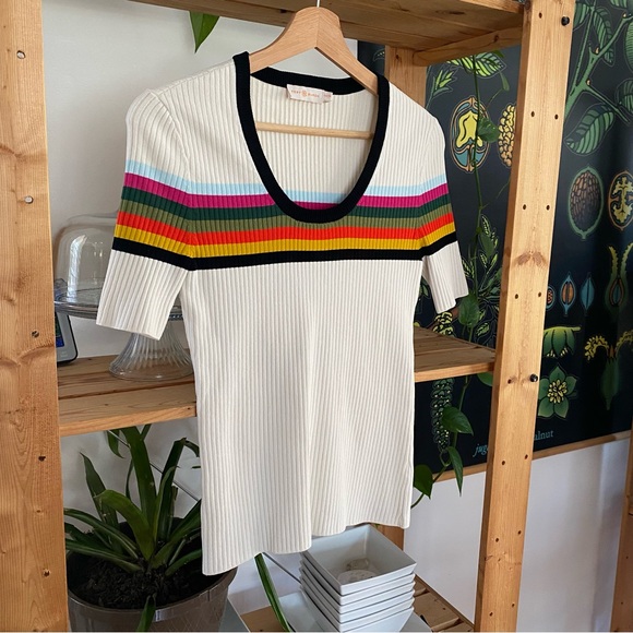 Tory Burch Cream Rainbow Striped Ribbed Top XS - Picture 5 of 14